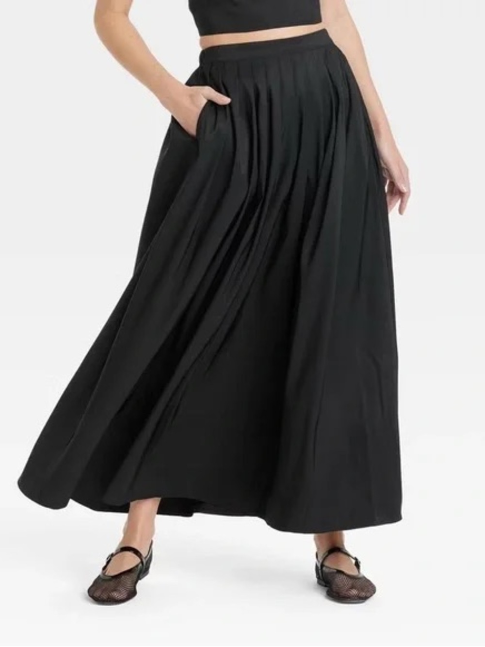 A new day black pleated flowy a-line maxi skirt pockets elastic waist minimal S